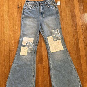 Wrangler x Billabong Womens Bell Bottom Jeans Blue Patchwork Denim Size 30